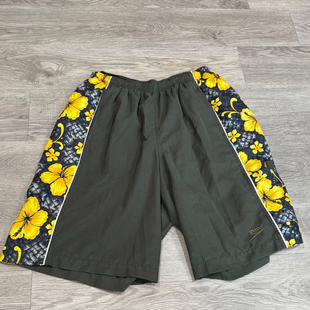 Speedo‎ Mens Swim Trunks Grey Yellow Hibiscus Floral Board Shorts Elastic Waist